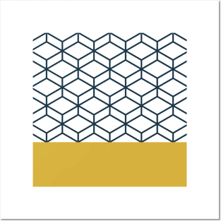 Geometric Honeycomb Lattice Pattern in Mustard Yellow, Navy Blue, and White Posters and Art